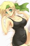  armpits blonde_hair breasts cleavage green_eyes headband highres impossible_clothes impossible_shirt kanikame large_breasts long_hair lying metal_max shirt sleeveless sleeveless_shirt soldier_(metal_max) solo thighhighs white_legwear 