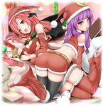  all_fours ass bent_over boots breasts christmas cleavage crescent hat head_wings high_heels koakuma long_hair looking_back lying medium_breasts midriff miki_purasu multiple_girls on_side one_eye_closed patchouli_knowledge purple_hair red_hair santa_costume santa_hat shoes short_shorts shorts thigh_boots thighhighs touhou 