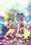  bare_legs barefoot blue_eyes blue_hair bow cirno daiyousei dirty_feet fairy_wings feet frog green_eyes green_hair hair_bow highres maryquant mud multiple_girls nature open_mouth rain reflection short_hair side_ponytail smile squatting touhou umbrella wings 