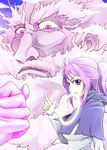  capelet clenched_hand finger_gun hood hood_down kumoi_ichirin mouth_hold pink_eyes ponytail purple_eyes purple_hair ryuuichi_(f_dragon) touhou unzan 