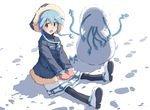  aki_masanari blue_eyes blue_hair coat cthulhu dress hood ikamusume long_hair pantyhose prehensile_hair shinryaku!_ikamusume snowman tentacle_hair tentacles winter_clothes 