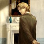  arms_behind_back blonde_hair blue_eyes coat fireplace formal from_behind johan_liebert looking_back male_focus monster_(manga) painting_(object) plate smile solo suit u-go2525 