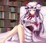 book breasts capelet crescent dress hat long_hair medium_breasts nitoridio patchouli_knowledge pillow purple_eyes purple_hair ribbon sitting smile solo touhou 