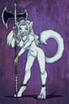  axe breasts cat dkid feline female green_eyes nude pussy solo standing weapon white_fur 