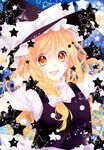  :d adjusting_clothes adjusting_hat bad_id bad_pixiv_id bangs blonde_hair bow braid buttons hair_ribbon hat hat_bow hat_ribbon kanae_(aab) kirisame_marisa long_hair nail_polish open_mouth ribbon side_braid single_braid smile solo star touhou upper_body white_bow witch_hat yellow_eyes 