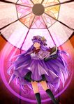  adapted_costume bad_id bad_pixiv_id book capelet crescent dress elbow_gloves floating_book frills gloves hat highres long_hair magic_circle naxia patchouli_knowledge purple_eyes purple_hair solo stained_glass touhou very_long_hair window 