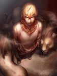  bad_id bad_pixiv_id blonde_hair bracelet casual earrings fate/stay_night fate/zero fate_(series) gilgamesh jewelry kokutan_kitsunen lion male_focus necklace perspective red_eyes 