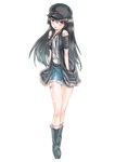  aldehyde bad_id bad_pixiv_id bare_legs belt black_hair blood blood_on_face boots fur_trim hands_in_pockets hat highres jacket long_hair open_mouth original personification red_eyes shirt shorts smile solo walking 
