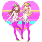  ahoge blonde_hair brown_hair heart high_heels highres hoshii_miki idolmaster idolmaster_(classic) minase_iori multiple_girls pantyhose pink_legwear princess_melody_(idolmaster) shoes yayakoshiya 