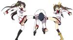  2girls artist_request black_hair blue_eyes boots brown_hair crotch_kick green_eyes groin_attack high_ponytail huang_lingyin infinite_stratos kicking knee_boots multiple_girls orimura_ichika pain ponytail shinonono_houki split_ponytail teamwork thighhighs transparent_background twintails uniform zettai_ryouiki 