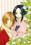  1girl couple flower hands hetero himura_kenshin hug japanese_clothes kamiya_kaoru kimono long_hair ponytail reico rurouni_kenshin smile 