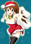  bare_shoulders breasts brown_eyes brown_hair cleavage dress foreshortening hat highres long_hair medium_breasts ponytail sack santa_costume santa_hat solo taneshima_popura thighhighs working!! yokoshima_(euphoria) 