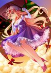  arms_up blonde_hair breasts cleavage cloud dress elbow_gloves gap gloves hand_to_own_mouth hat hat_ribbon high_heels large_breasts legs long_hair long_legs mugishima purple_dress purple_eyes ribbon shoes sky smile solo sunset thighs touhou umbrella white_gloves yakumo_yukari 