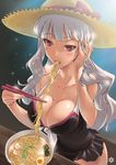  breasts bust_cup chopsticks cleavage eating egg food hat idolmaster idolmaster_(classic) large_breasts long_hair meet noodles nori_(seaweed) one-piece_swimsuit pink_eyes ramen shijou_takane silver_hair solo sun_hat sweat swimsuit yamo_(rephact) 