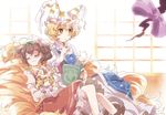  :&lt; animal_ears blonde_hair blush book bow brown_hair cat_ears cat_tail chachi_(azuzu) character_doll chen closed_eyes earrings fang finger_to_mouth fox_tail gap hat jewelry multiple_girls multiple_tails short_hair sitting_on_another's_tail sitting_on_own_tail smile tail touhou yakumo_ran yakumo_yukari yellow_eyes 