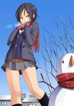  black_hair black_legwear buttons carrot covering_mouth kneehighs looking_away mittens original pinkwaters plaid plaid_scarf pleated_skirt red_scarf scarf school_uniform short_hair skirt snow snowman solo steam stick tree yellow_eyes 