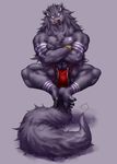  anthro biceps bodypaint canine captainjohkid claws clothed clothing crossed_arms crossed_legs fangs fur grey_background grey_fur half-dressed johkid loincloth looking_at_viewer male mammal muscles pecs plain_background pose red_eyes skimpy solo tattoo tongue topless underwear wolf 