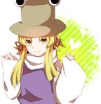  blonde_hair hair_ribbon hat heart long_hair looking_at_viewer moriya_suwako pinching_sleeves ribbon sidelocks simple_background sleeves_past_wrists smile solo tori_no_karaage touhou turtleneck yellow_eyes 