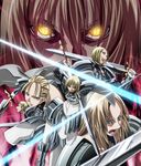  5girls armor blonde_hair bracer cape clare_(claymore) claymore claymore_(sword) deneve fighting_stance glaring glowing glowing_eyes grey_hair helen_(claymore) isley jean long_hair miria_(claymore) misopetha-menos multiple_girls open_mouth projected_inset serious short_hair shoulder_pads silver_eyes smirk sword weapon yellow_eyes 