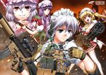  acog assault_rifle beret bespectacled blonde_hair blue_eyes braid byeontae_jagga crescent elbow_pads flandre_scarlet gatling_gun glasses gloves gun hat headset hong_meiling izayoi_sakuya knife korean load_bearing_vest long_hair m134_minigun m16 maid maid_headdress military_operator minigun multiple_girls patchouli_knowledge purple_hair red_eyes red_hair remilia_scarlet rifle short_hair side_ponytail silver_hair sling star thighhighs throwing_knife touhou trigger_discipline twin_braids type_56_assault_rifle weapon wings 