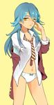  bad_id bad_pixiv_id blue_hair bottomless chuong genderswap genderswap_(mtf) inazuma_eleven_(series) inazuma_eleven_go jacket kariya_masaki long_hair navel necktie panties shirt simple_background solo underwear yellow_background yellow_eyes 