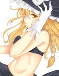  :t bangs blonde_hair bra braid gloves hair_ribbon highres iro_(sekaixiro) kirisame_marisa lingerie long_hair no_shirt pout ribbon side_braid solo touhou underwear yellow_eyes 