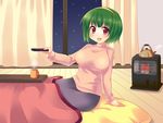  blush controller cup green_hair hairband idolmaster idolmaster_(classic) kettle kotatsu mole mole_under_mouth otonashi_kotori pillow red_eyes remote_control snow solo table turtleneck yukari_yukke 