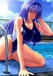  adjusting_hair arm_support arm_up blue_hair breasts cameltoe chain-link_fence cloud competition_swimsuit day fence hair_intakes highres jpeg_artifacts large_breasts long_hair maken-ki! nijou_aki one-piece_swimsuit pool pool_ladder poolside purple_eyes sky snappop solo sparkle swimsuit wet 