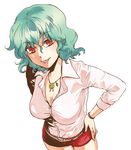  :p alternate_costume bad_id bad_pixiv_id bangle belt bracelet breasts charin cleavage dress_shirt face flower green_hair hands_on_hips jewelry kazami_yuuka large_breasts leaf looking_at_viewer necklace red_eyes rose shirt short_hair short_shorts shorts simple_background solo tongue tongue_out touhou white_background 
