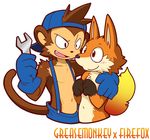  anthro baseball_cap blush brown_eyes couple cute duo english_text fangs fire firefox gloves greasemonkey hat kageinu male mammal mechanic monkey plain_background primate red_eyes smile suspenders text white_background wrench 