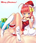  blue_eyes blush box braid hair_intakes hair_ornament hair_ribbon hat highres iiyama kneehighs legs long_hair lying lyrical_nanoha mahou_shoujo_lyrical_nanoha panties red_hair ribbon sack santa_hat shiny shiny_skin side_ribbon solo underwear vita white_legwear white_panties 