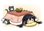  banana beamed_eighth_notes black_hair blush_stickers cat chibi closed_eyes commentary_request cushion eighth_note flat_sign food fruit k-on! k10k kotatsu long_hair lying mandarin_orange musical_note musical_note_print nakano_azusa on_stomach print_bed_sheet sharp_sign sleeping solo table twintails whole_note zabuton 