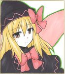  blonde_hair bow hair_bow hat lily_black lily_white long_hair mochizuki_ado pink_eyes shikishi solo touhou traditional_media upper_body wings 