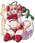  1girl ahoge animal_ears bag belt blonde_hair blue_eyes blush boots bow breasts cat_ears cat_tail christmas curvy elbow_gloves english gloves hair_bow kneeling large_breasts long_hair merry_christmas navel open_mouth original pudding_(tongpoo) pudding_(tonpuu) ribbon santa_costume smile solo tail thigh_boots thighhighs tongpoo tonpuu twintails 
