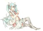  animal_ears bad_id bad_pixiv_id detached_sleeves hatsune_miku hibiya long_hair navel necktie one_eye_closed simple_background sitting skirt solo thighhighs twintails very_long_hair vocaloid white_background 