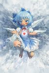  bare_legs blue_eyes blue_hair blue_skirt blush bow cirno hair_bow heart md5_mismatch misawa_hiroshi shirt short_hair skirt smirk solo touhou wings 