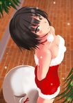  amagami arms_behind_back bare_shoulders black_hair blush breasts brown_eyes christmas cleavage collar collarbone from_above looking_at_viewer looking_up medium_breasts murasaki_iro nanasaki_ai santa_costume short_hair smile snowing solo 