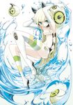  bare_shoulders blonde_hair blue_eyes collarbone elbow_gloves gloves highres long_hair looking_at_viewer navel original partially_submerged smile solo striped striped_legwear tansuke thighhighs very_long_hair water 