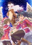  animal_costume blue_eyes boots brown_hair don_michael fang ganaha_hibiki hagiwara_yukiho hat idolmaster idolmaster_(classic) multiple_girls pantyhose reindeer_costume santa_costume santa_hat shijou_takane smile 