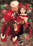  1girl archer bad_id bad_pixiv_id black_legwear blue_eyes brown_hair capelet carrying christmas crystal dark_skin fate/stay_night fate_(series) gem gloves grey_eyes hair_ribbon height_difference high_heels kon_manatsu long_hair long_legs one_eye_closed princess_carry red_gloves ribbon shoes thighhighs toosaka_rin two_side_up white_hair 