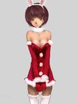  animal_ears bare_shoulders bob_cut breasts brown_hair bunny_ears cleavage detached_sleeves dress fur fur_collar fur_trim gloves hands_together highres medium_breasts original own_hands_together pantyhose red_eyes red_gloves red_skirt ryuukeichi_andromeda santa_costume short_dress short_hair simple_background sketch skirt solo strapless strapless_dress thighhighs white_legwear zettai_ryouiki 