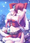  absurdres alternate_costume armpits arms_behind_head arms_up belt blue_eyes breasts capelet christmas cleavage corset elbow_gloves front-tie_top fur_trim gift gloves highres horns kamidori_alchemy_meister large_breasts long_hair midriff miniskirt navel open_mouth ragsmuena red_gloves red_hair sack santa_costume scythe skirt skull snow solo yakuri 