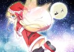  blonde_hair blue_eyes boots bow christmas dress fairy gloves hair_bow hat lily_white long_hair open_mouth sack santa_costume santa_hat solo thighhighs touhou wings yutamaro 