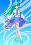  blush breasts detached_sleeves frog frog_hair_ornament gohei green_eyes green_hair hair_ornament hair_tubes kochiya_sanae long_hair medium_breasts navel shoes skirt smile snake snake_hair_ornament solo standing t2r touhou wide_sleeves 