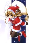  1girl absurdres ahoge bag blonde_hair christmas hashimoto_takashi hat highres long_hair pantyhose pia_carrot pia_carrot_(series) pia_carrot_e_youkoso!! red_eyes ribbon sack santa_costume santa_hat smile solo takai_sayaka 