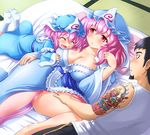  2girls ^_^ artist_self-insert bad_id bad_pixiv_id banned_artist black_hair breast_grab breast_pillow breasts cameo child cleavage closed_eyes facial_hair family futon goatee grabbing hat ko-yuyuko large_breasts mother_and_daughter multiple_girls open_mouth pink_eyes pink_hair saigyouji_yuyuko shin'en-san shin'en_(gyokuro_company) short_hair smile socks tank_top tattoo touhou triangular_headpiece 