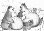  anthro bd beer belly beverage canine cream dialog dialogue dog duo gay humor love_handles male mammal naturally_censored nude obese overweight stuffing text 