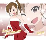  bare_shoulders brown_eyes brown_hair character_name christmas collarbone dress elbow_gloves fingerless_gloves futami_mami gloves idolmaster idolmaster_(classic) ikari_manatsu one_eye_closed open_mouth red_gloves santa_costume side_ponytail smile solo zoom_layer 