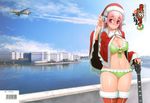  absurdres aircraft airplane bell bikini blush bra breasts bridge capelet christmas cityscape cleavage cloud condensation_trail day electric_guitar frilled_bikini frills full-face_blush guitar hat headphones highres huge_filesize instrument large_breasts lingerie long_hair looking_at_viewer lowleg lowleg_panties navel nitroplus panties pink_eyes pink_hair red_legwear santa_costume santa_hat shiny shiny_skin sky solo super_sonico swimsuit thighhighs tsuji_santa underwear v water 