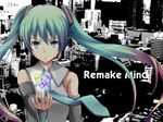  alternate_eye_color bad_id bad_pixiv_id bare_shoulders blue_eyes cityscape detached_sleeves frown gradient_hair green_hair hatsune_miku heart long_hair looking_at_viewer multicolored_hair necktie outstretched_arm solo twintails vocaloid yappen 